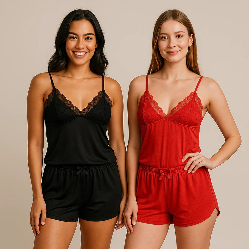 kit Pijama Baby Doll Sexy Detalhe Em Renda Linha Noite Alças Com Regulagem - 2 Unidades