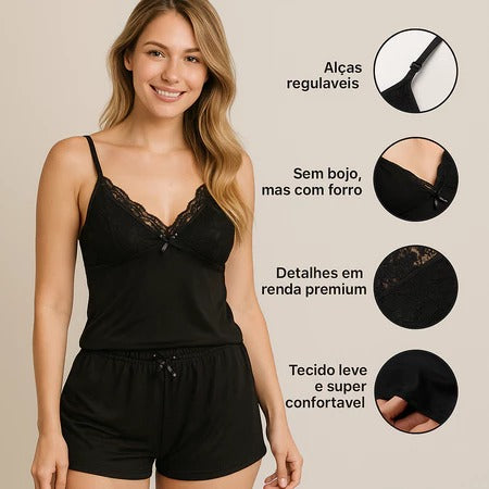 kit Pijama Baby Doll Sexy Detalhe Em Renda Linha Noite Alças Com Regulagem - 2 Unidades