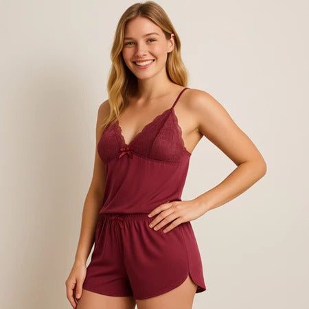 kit Pijama Baby Doll Sexy Detalhe Em Renda Linha Noite Alças Com Regulagem - 2 Unidades